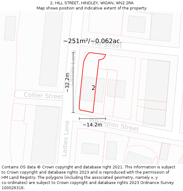 2, HILL STREET, HINDLEY, WIGAN, WN2 2RA: Plot and title map