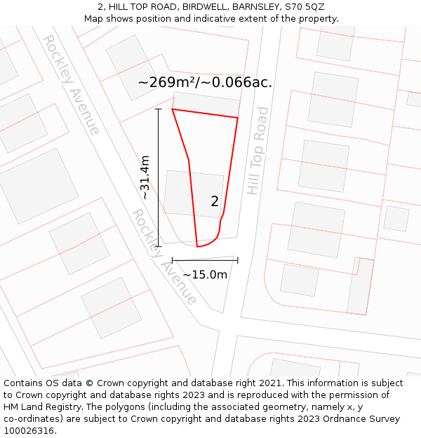 2, HILL TOP ROAD, BIRDWELL, BARNSLEY, S70 5QZ: Plot and title map