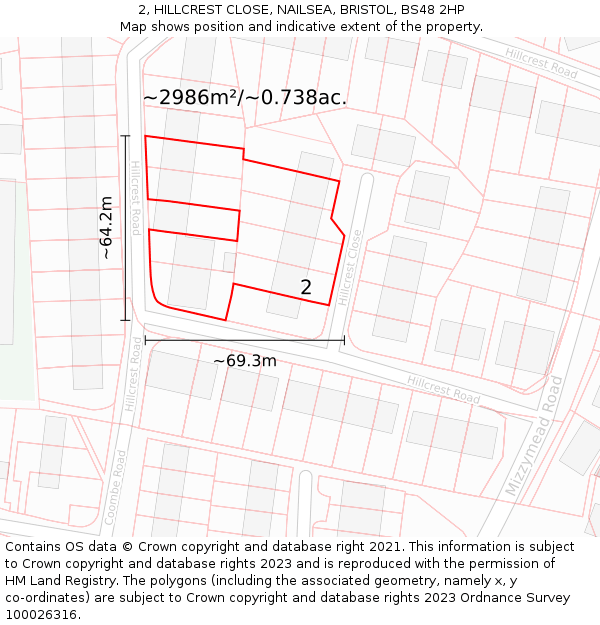 2, HILLCREST CLOSE, NAILSEA, BRISTOL, BS48 2HP: Plot and title map