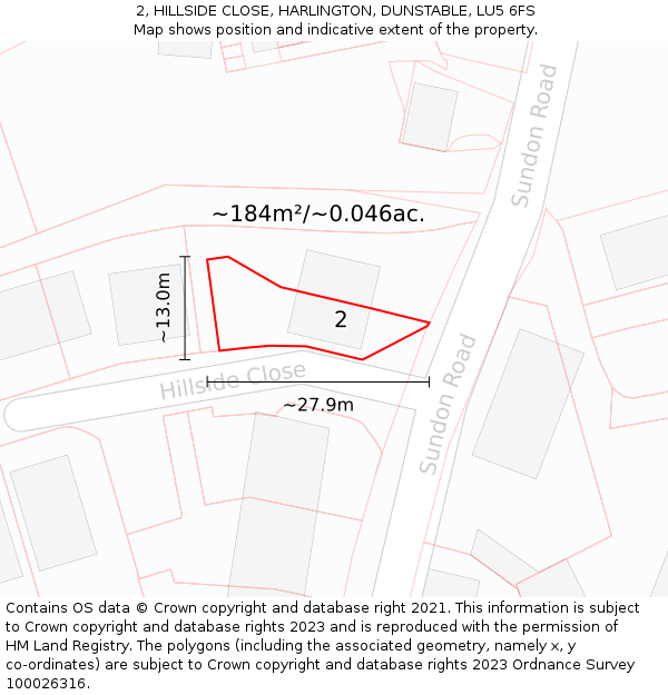 2, HILLSIDE CLOSE, HARLINGTON, DUNSTABLE, LU5 6FS: Plot and title map
