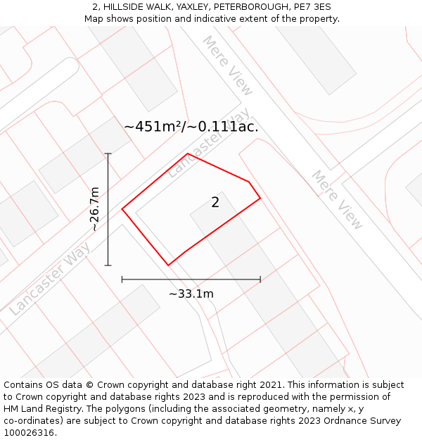 2, HILLSIDE WALK, YAXLEY, PETERBOROUGH, PE7 3ES: Plot and title map