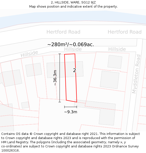 2, HILLSIDE, WARE, SG12 9JZ: Plot and title map