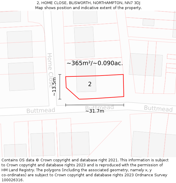 2, HOME CLOSE, BLISWORTH, NORTHAMPTON, NN7 3DJ: Plot and title map