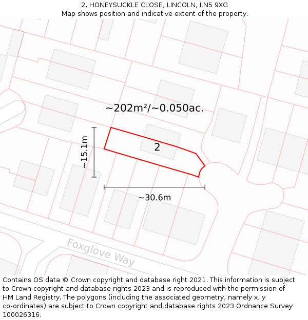 2, HONEYSUCKLE CLOSE, LINCOLN, LN5 9XG: Plot and title map