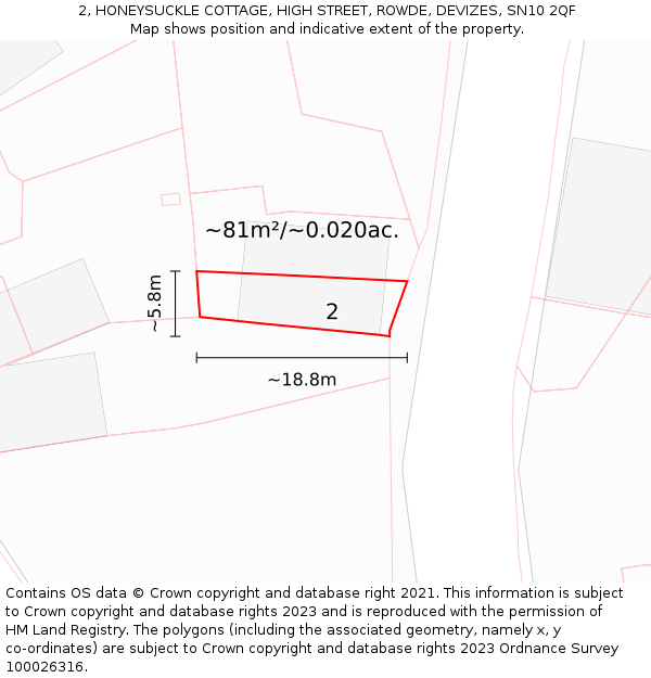 2, HONEYSUCKLE COTTAGE, HIGH STREET, ROWDE, DEVIZES, SN10 2QF: Plot and title map