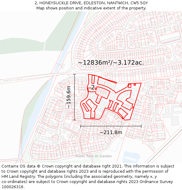 2, HONEYSUCKLE DRIVE, EDLESTON, NANTWICH, CW5 5GY: Plot and title map