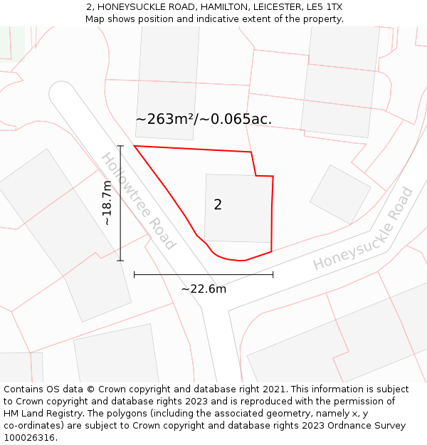 2, HONEYSUCKLE ROAD, HAMILTON, LEICESTER, LE5 1TX: Plot and title map
