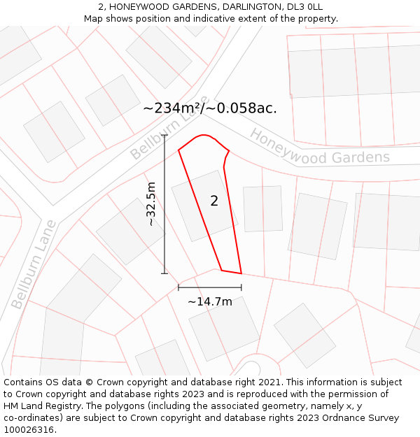2, HONEYWOOD GARDENS, DARLINGTON, DL3 0LL: Plot and title map