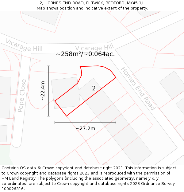 2, HORNES END ROAD, FLITWICK, BEDFORD, MK45 1JH: Plot and title map
