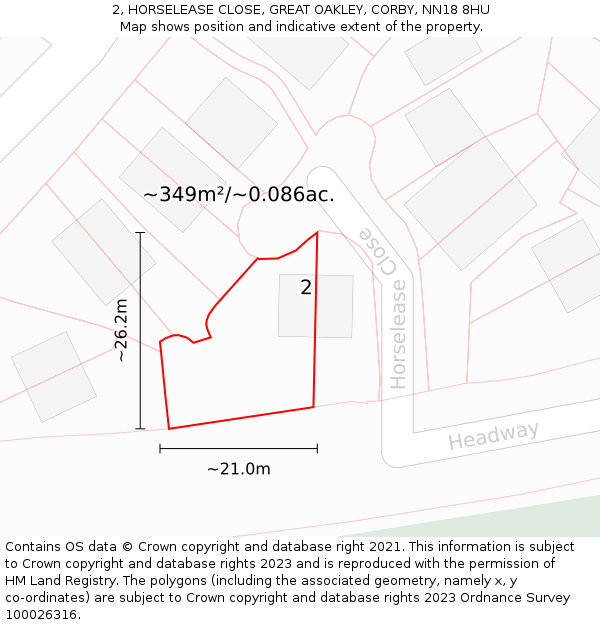 2, HORSELEASE CLOSE, GREAT OAKLEY, CORBY, NN18 8HU: Plot and title map