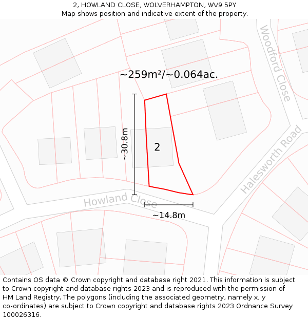 2, HOWLAND CLOSE, WOLVERHAMPTON, WV9 5PY: Plot and title map