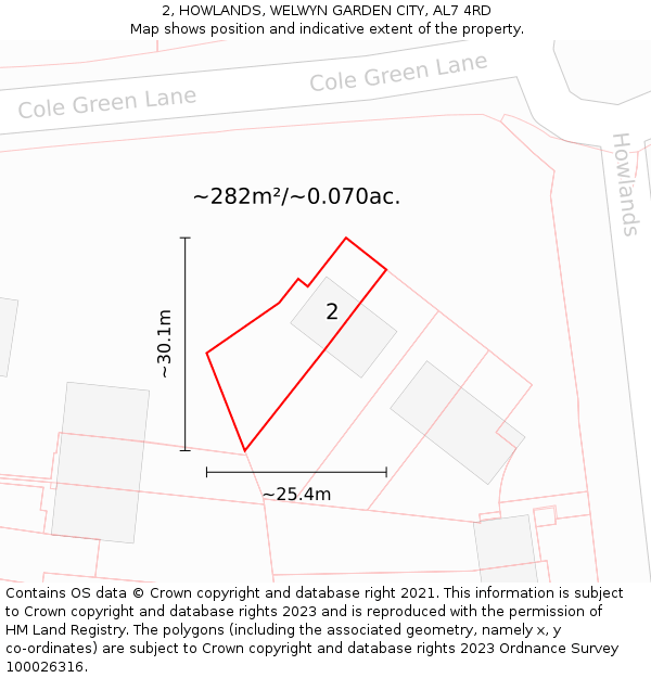 2, HOWLANDS, WELWYN GARDEN CITY, AL7 4RD: Plot and title map