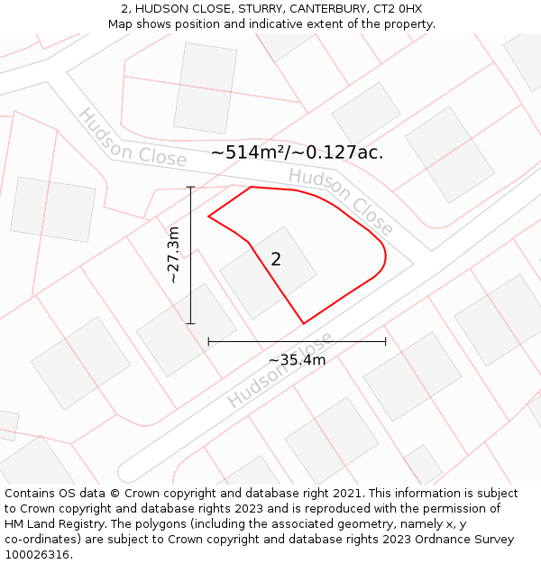 2, HUDSON CLOSE, STURRY, CANTERBURY, CT2 0HX: Plot and title map
