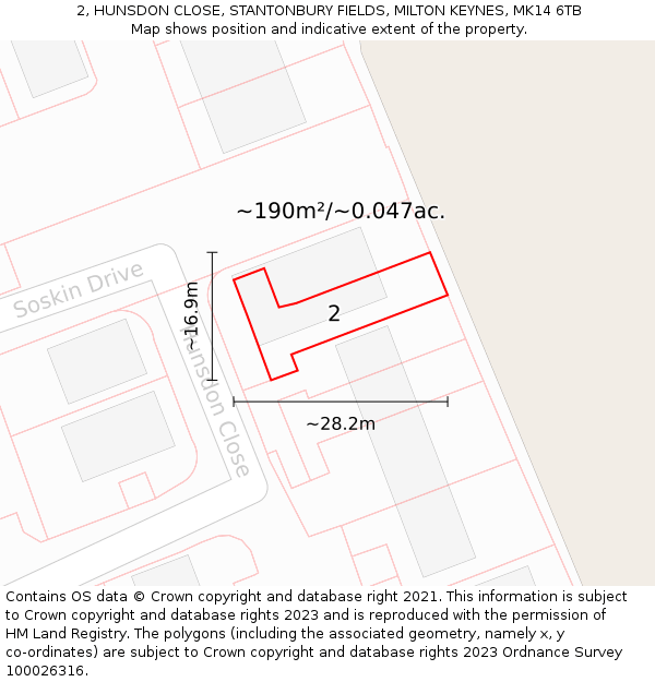 2, HUNSDON CLOSE, STANTONBURY FIELDS, MILTON KEYNES, MK14 6TB: Plot and title map