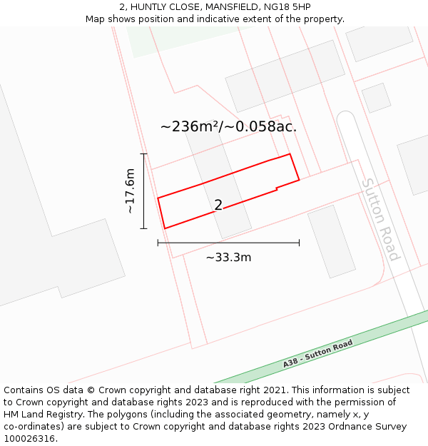 2, HUNTLY CLOSE, MANSFIELD, NG18 5HP: Plot and title map