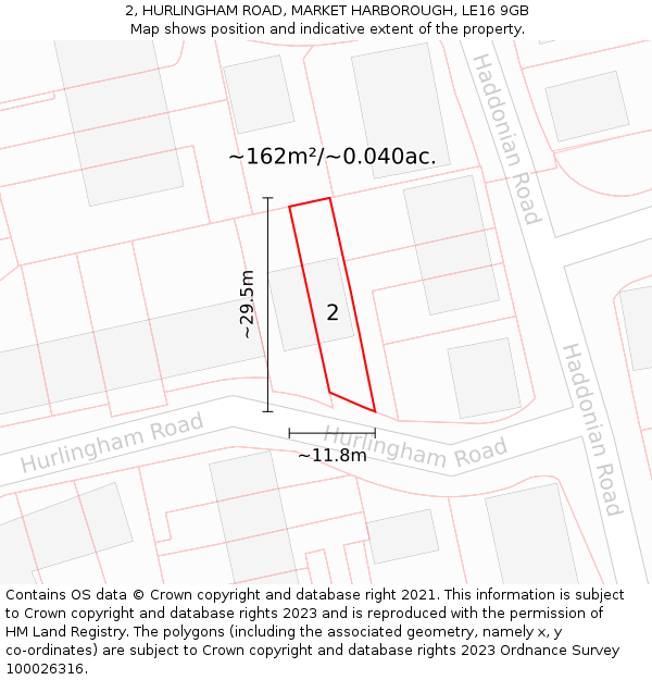 2, HURLINGHAM ROAD, MARKET HARBOROUGH, LE16 9GB: Plot and title map