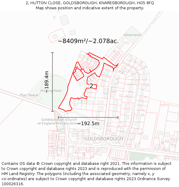 2, HUTTON CLOSE, GOLDSBOROUGH, KNARESBOROUGH, HG5 8FQ: Plot and title map