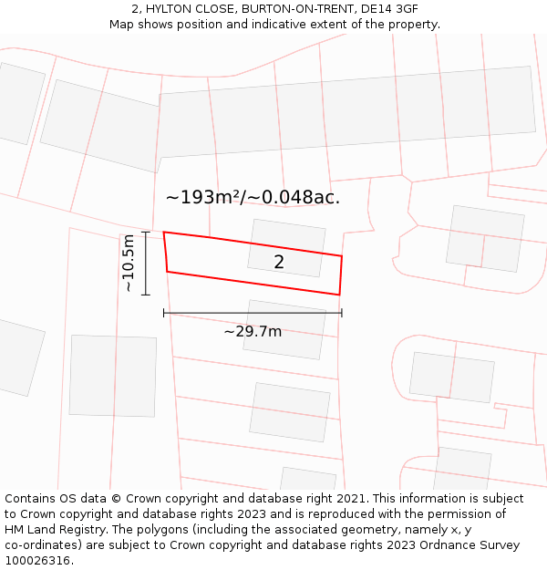 2, HYLTON CLOSE, BURTON-ON-TRENT, DE14 3GF: Plot and title map