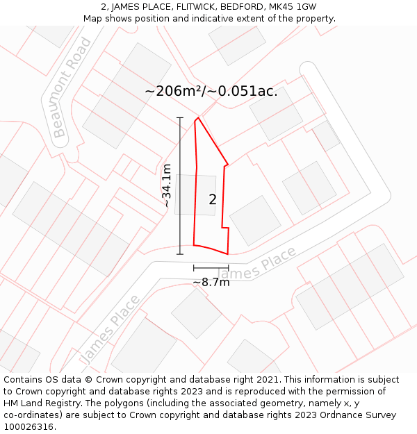 2, JAMES PLACE, FLITWICK, BEDFORD, MK45 1GW: Plot and title map
