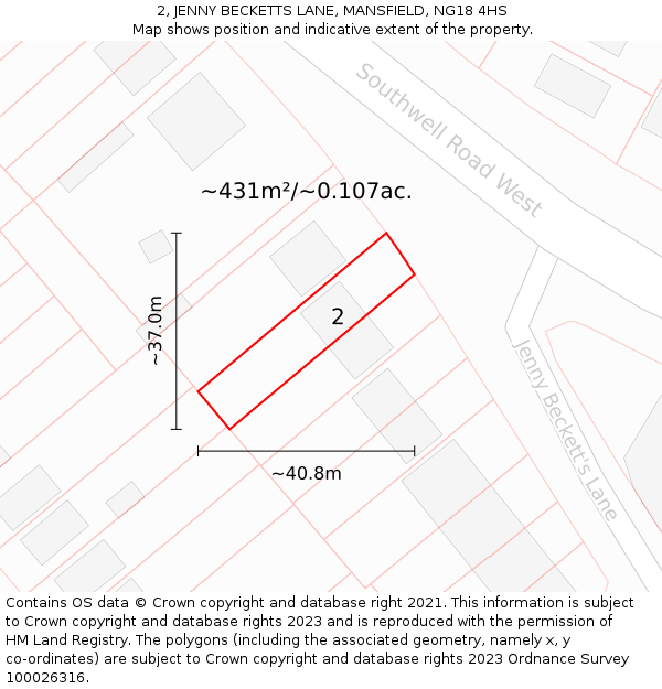 2, JENNY BECKETTS LANE, MANSFIELD, NG18 4HS: Plot and title map