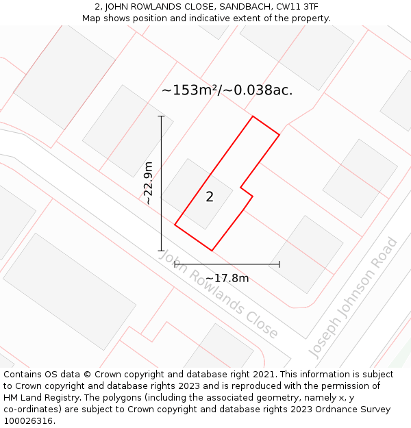 2, JOHN ROWLANDS CLOSE, SANDBACH, CW11 3TF: Plot and title map