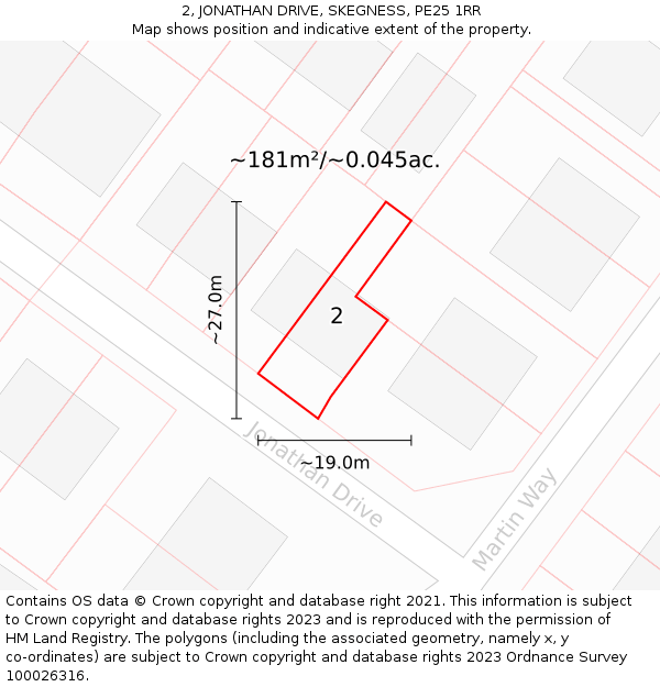 2, JONATHAN DRIVE, SKEGNESS, PE25 1RR: Plot and title map
