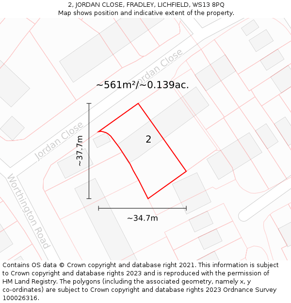 2, JORDAN CLOSE, FRADLEY, LICHFIELD, WS13 8PQ: Plot and title map