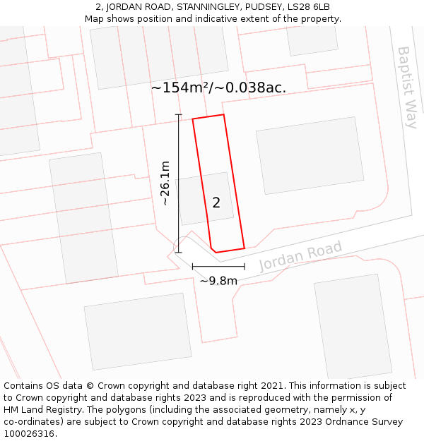 2, JORDAN ROAD, STANNINGLEY, PUDSEY, LS28 6LB: Plot and title map