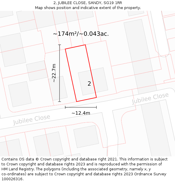 2, JUBILEE CLOSE, SANDY, SG19 1RR: Plot and title map