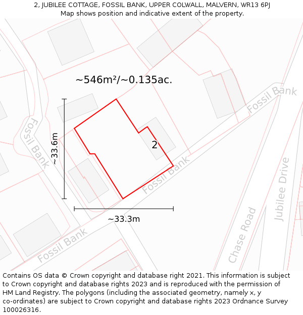 2, JUBILEE COTTAGE, FOSSIL BANK, UPPER COLWALL, MALVERN, WR13 6PJ: Plot and title map