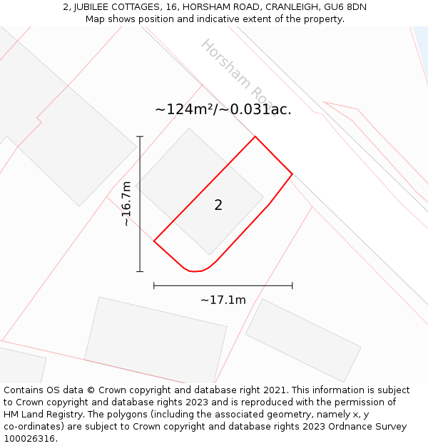 2, JUBILEE COTTAGES, 16, HORSHAM ROAD, CRANLEIGH, GU6 8DN: Plot and title map