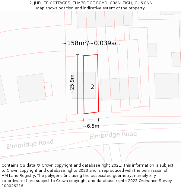 2, JUBILEE COTTAGES, ELMBRIDGE ROAD, CRANLEIGH, GU6 8NN: Plot and title map
