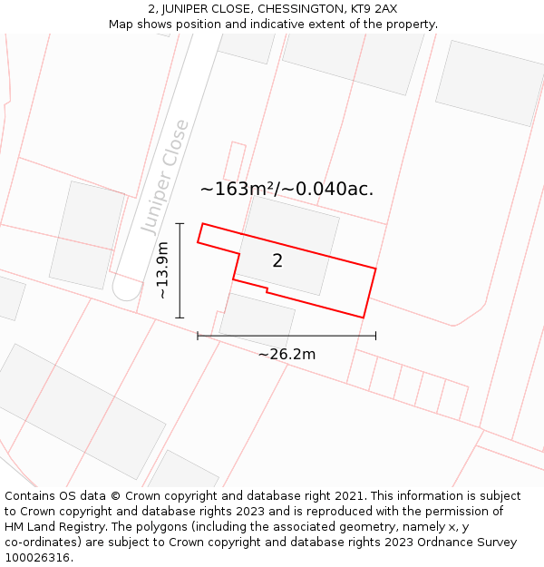 2, JUNIPER CLOSE, CHESSINGTON, KT9 2AX: Plot and title map