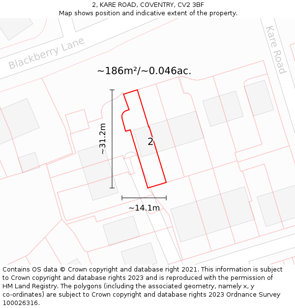 2, KARE ROAD, COVENTRY, CV2 3BF: Plot and title map
