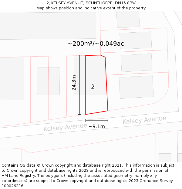 2, KELSEY AVENUE, SCUNTHORPE, DN15 8BW: Plot and title map
