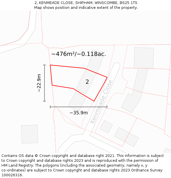 2, KENMEADE CLOSE, SHIPHAM, WINSCOMBE, BS25 1TS: Plot and title map