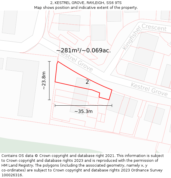 2, KESTREL GROVE, RAYLEIGH, SS6 9TS: Plot and title map