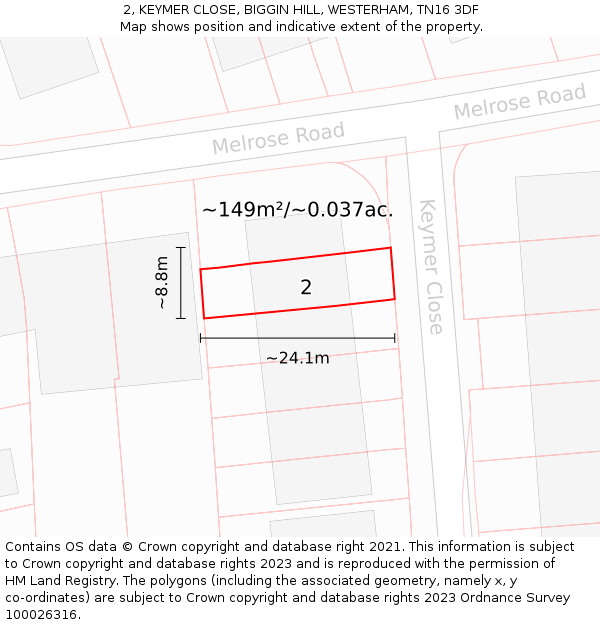 2, KEYMER CLOSE, BIGGIN HILL, WESTERHAM, TN16 3DF: Plot and title map