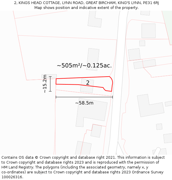 2, KINGS HEAD COTTAGE, LYNN ROAD, GREAT BIRCHAM, KING'S LYNN, PE31 6RJ: Plot and title map