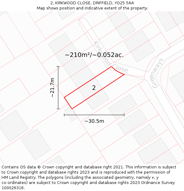 2, KIRKWOOD CLOSE, DRIFFIELD, YO25 5AA: Plot and title map