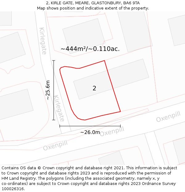 2, KIRLE GATE, MEARE, GLASTONBURY, BA6 9TA: Plot and title map