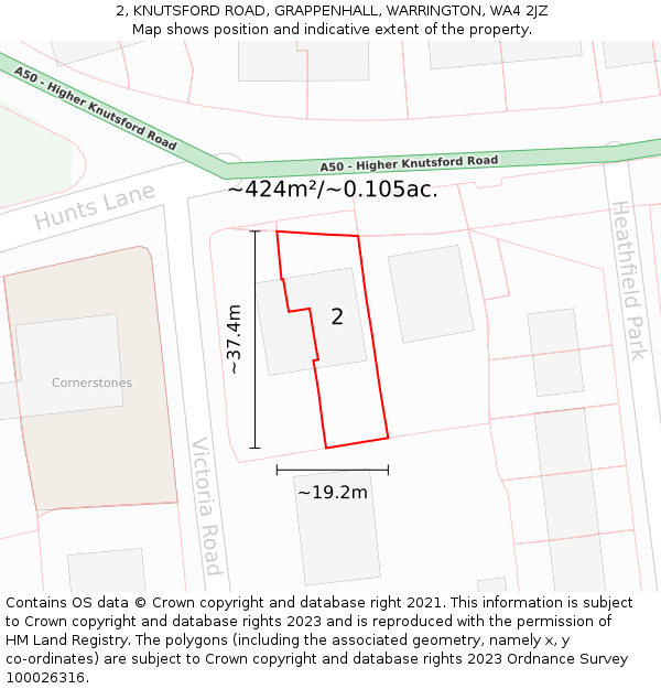 2, KNUTSFORD ROAD, GRAPPENHALL, WARRINGTON, WA4 2JZ: Plot and title map