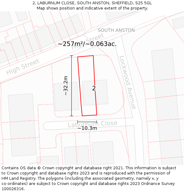 2, LABURNUM CLOSE, SOUTH ANSTON, SHEFFIELD, S25 5GL: Plot and title map