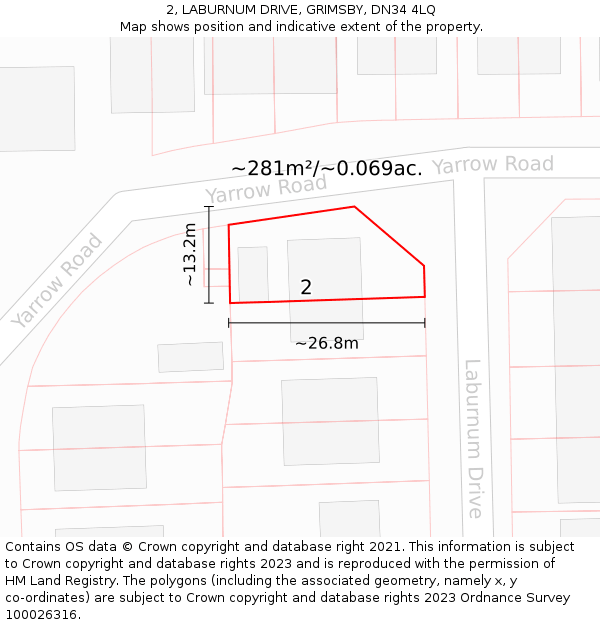 2, LABURNUM DRIVE, GRIMSBY, DN34 4LQ: Plot and title map