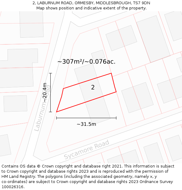 2, LABURNUM ROAD, ORMESBY, MIDDLESBROUGH, TS7 9DN: Plot and title map
