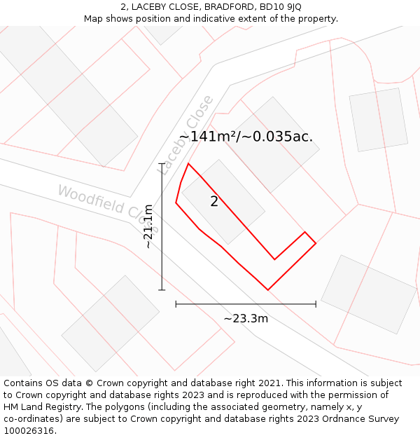 2, LACEBY CLOSE, BRADFORD, BD10 9JQ: Plot and title map
