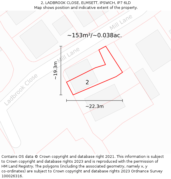 2, LADBROOK CLOSE, ELMSETT, IPSWICH, IP7 6LD: Plot and title map