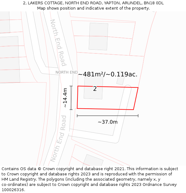2, LAKERS COTTAGE, NORTH END ROAD, YAPTON, ARUNDEL, BN18 0DL: Plot and title map