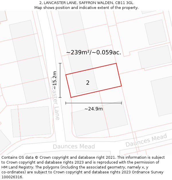 2, LANCASTER LANE, SAFFRON WALDEN, CB11 3GL: Plot and title map