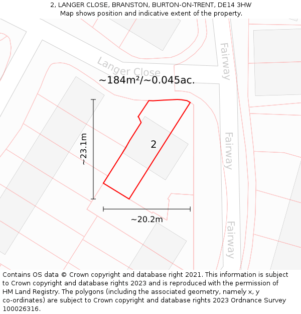 2, LANGER CLOSE, BRANSTON, BURTON-ON-TRENT, DE14 3HW: Plot and title map
